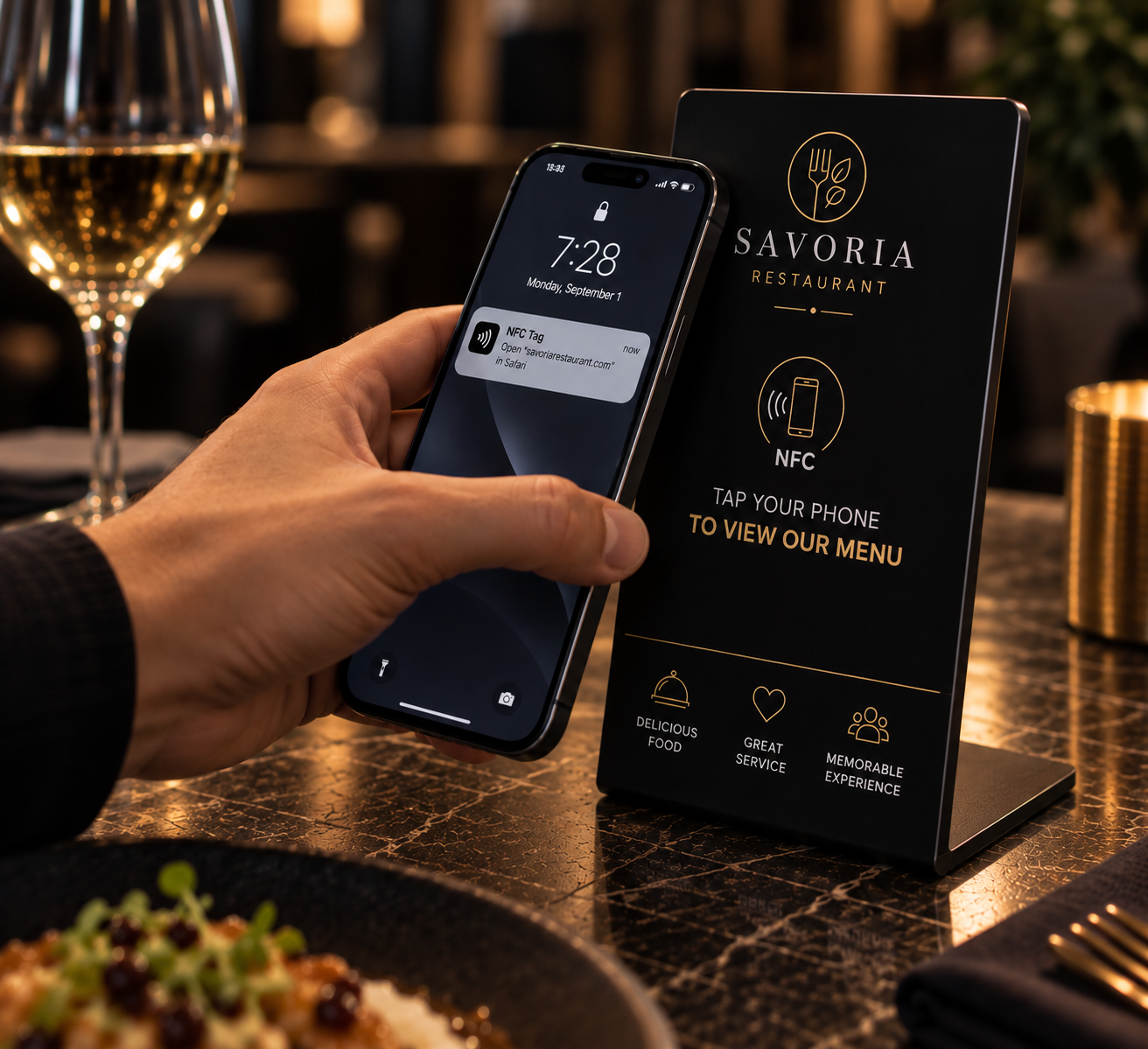 Un comensal acerca su teléfono a la tarjeta de Delyz IA sobre la mesa