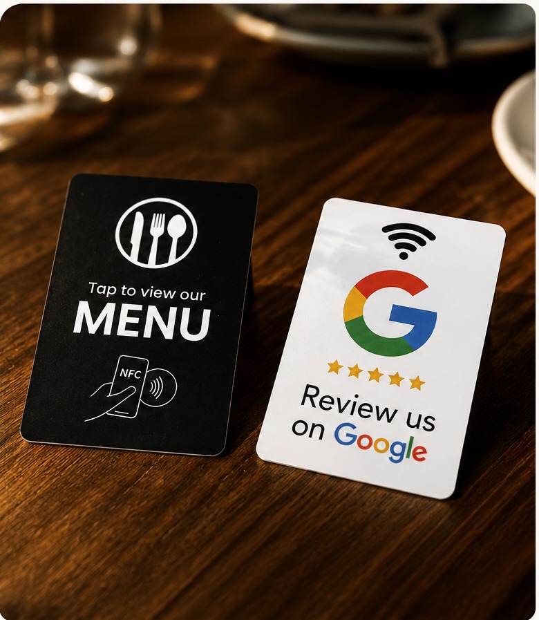 Las dos tarjetas físicas NFC sobre una mesa de madera: la negra abre el menú, la blanca lleva a dejar una reseña en Google