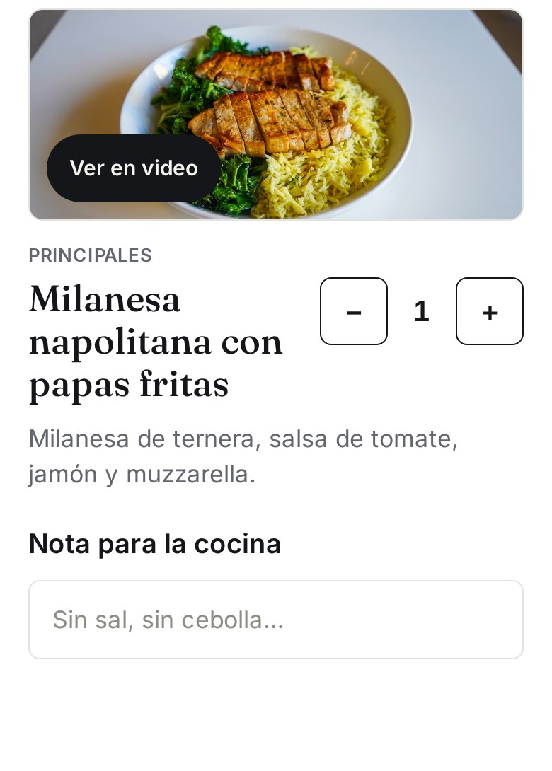 Detalle de un plato con su foto, precio y el botón Agregar al pedido